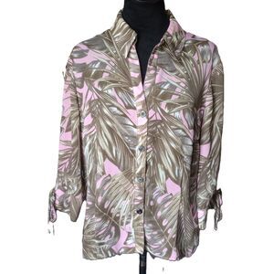 Kathy Che Women's 14 Brown/Pink Tropical  Button Up Tie 3/4 Sleeve Blouse, Vtg